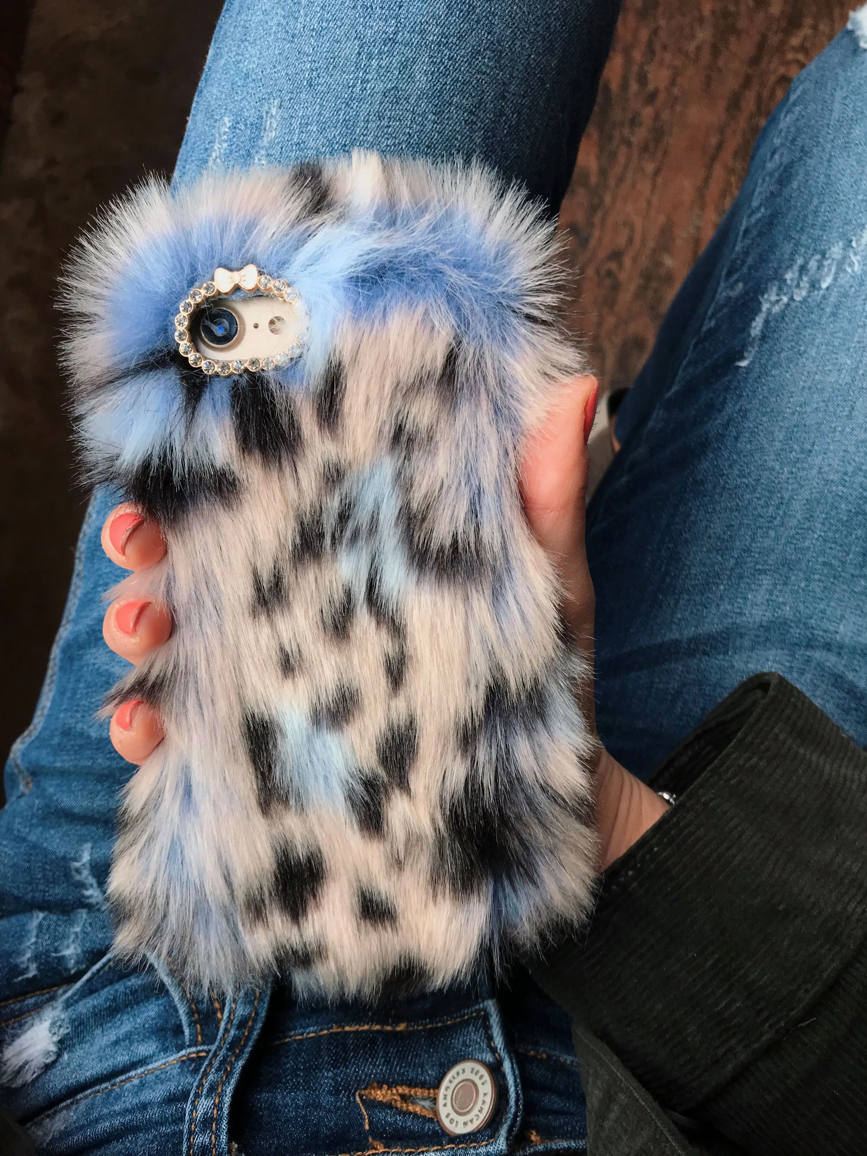 Blue Leopard Faux Fur iPhone Case - Image 6