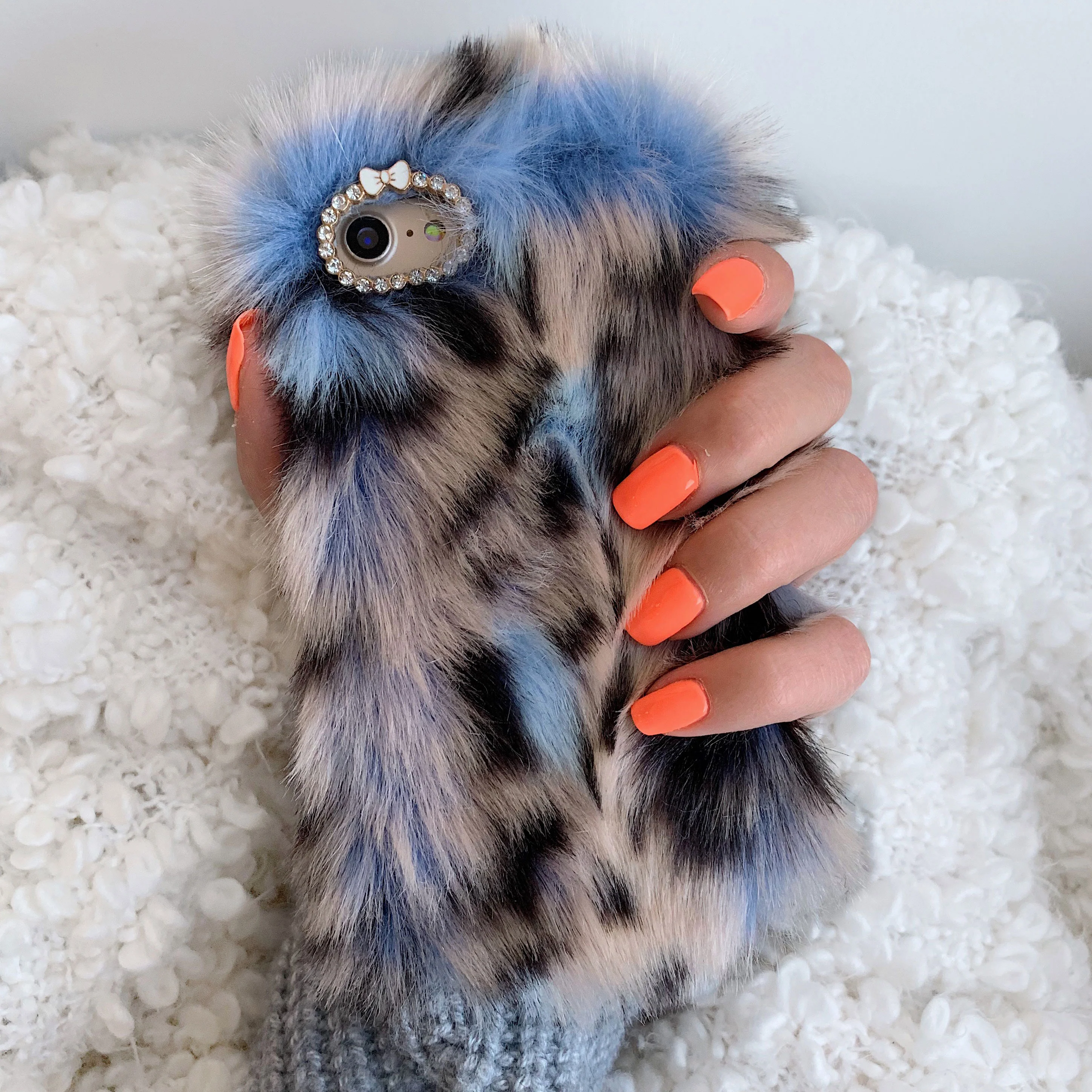 Blue Leopard Faux Fur iPhone Case - Image 8